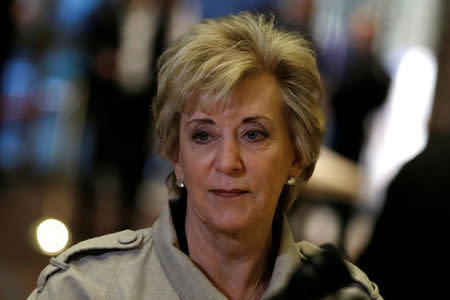 Linda McMahon speaks to members of the news media after meeting with U.S. President-elect Donald Trump at Trump Tower in New York, U.S., November 30, 2016. REUTERS/Mike Segar