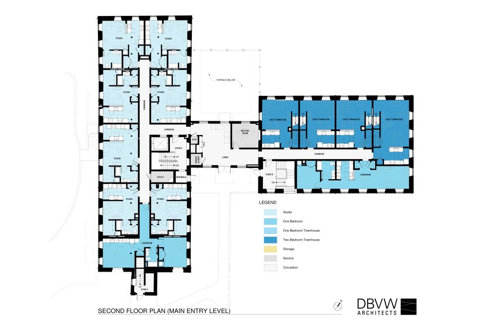 This floor plan shows how second-floor apartments would be distributed in the two primary Bernon Mills structures to be redeveloped.