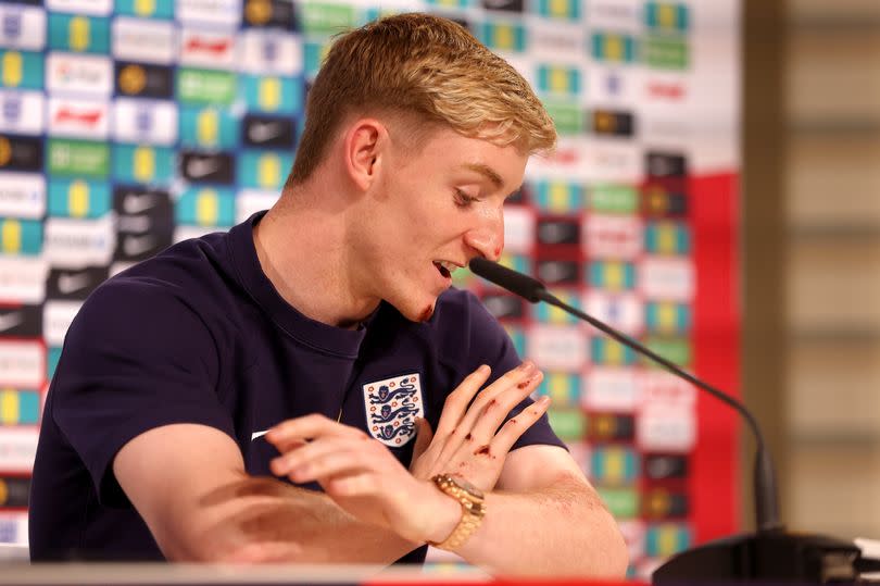 Anthony Gordon of England speaks to the media during a press conference at Spa & Golf Resort Weimarer Land on June 28, 2024 in Blankenhain, Germany.