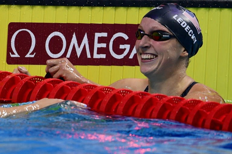 USA's Katie Ledecky celebrates after winning the women's 400m freestyle final in Budapest, on July 23, 2017