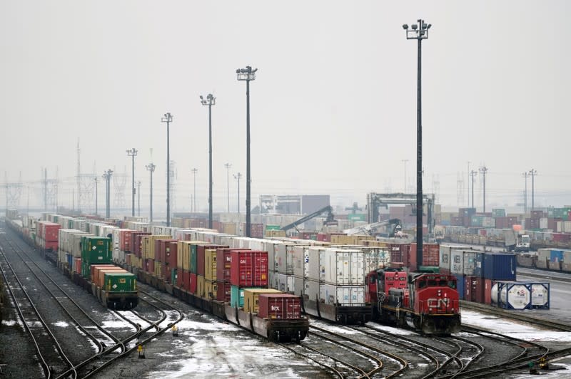 FILE PHOTO: Trains are seen in the yard at the at the CN Rail Brampton Intermodal Terminal in Brampton