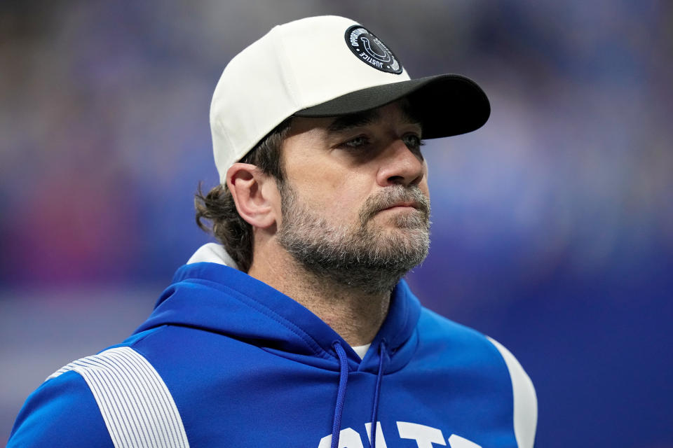 INDIANAPOLIS, INDIANA - DECEMBER 26: Interim head coach Jeff Saturday of the Indianapolis Colts leaves the field after losing to the Los Angeles Chargers 20-3 at Lucas Oil Stadium on December 26, 2022 in Indianapolis, Indiana. (Photo by Dylan Buell/Getty Images)