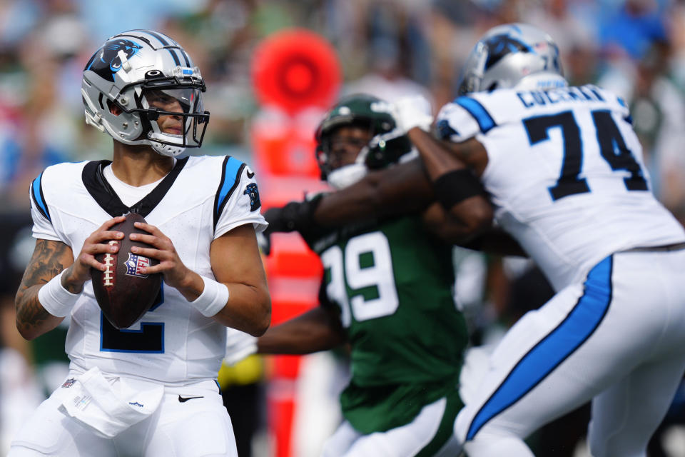 Carolina Panthers quarterback Matt Corral (2) works in the pocket against the New York Jets during the first half of an NFL preseason football game, Saturday, Aug. 12, 2023, in Charlotte, N.C. (AP Photo/Jacob Kupferman)