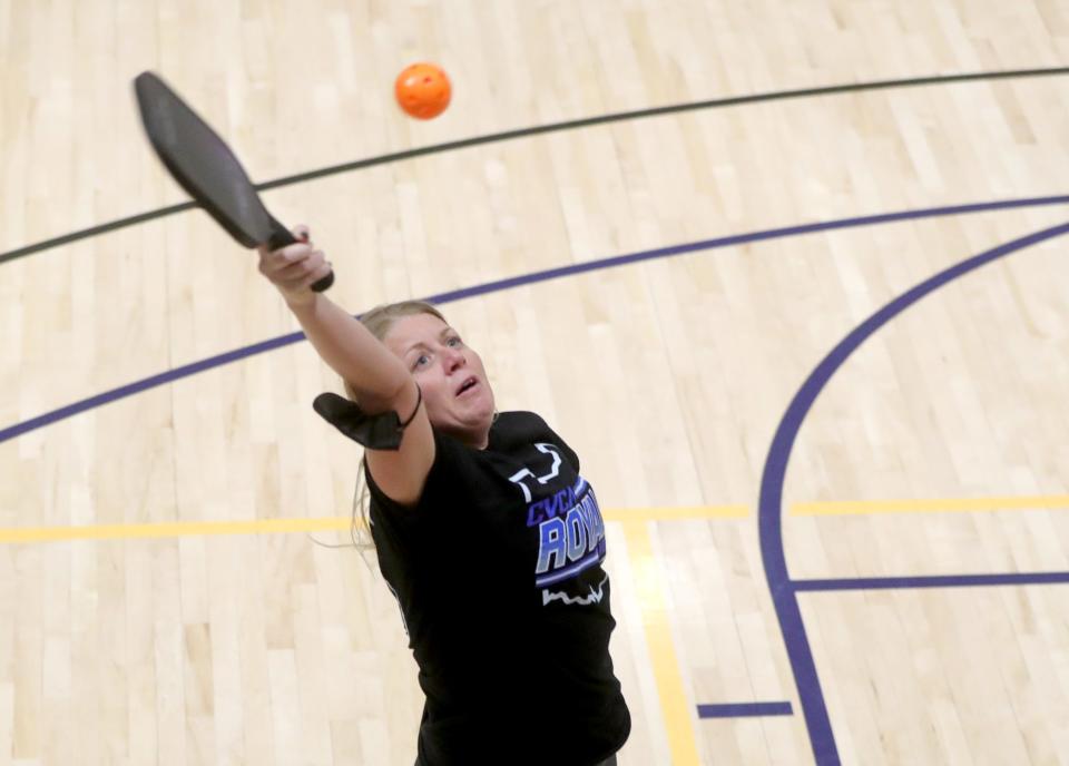 Nicole Summers of Tallmadge plays a game of pickleball at the Tallmadge Rec Center in March. The city is now planning to install two dedicated courts at Lions Park.