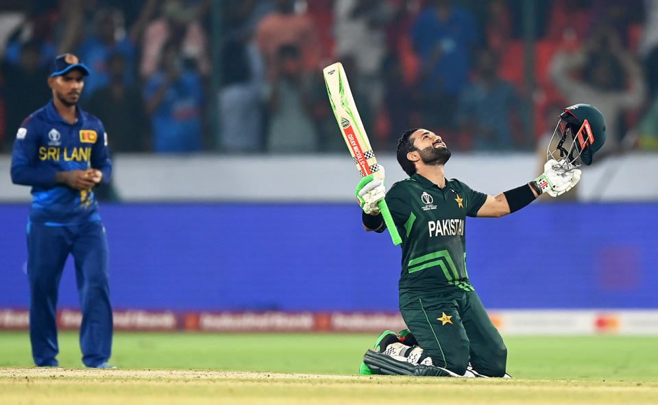 Mohammad Rizwan, pictured here after bringing up his century for Pakistan against Sri Lanka at the Cricket World Cup.