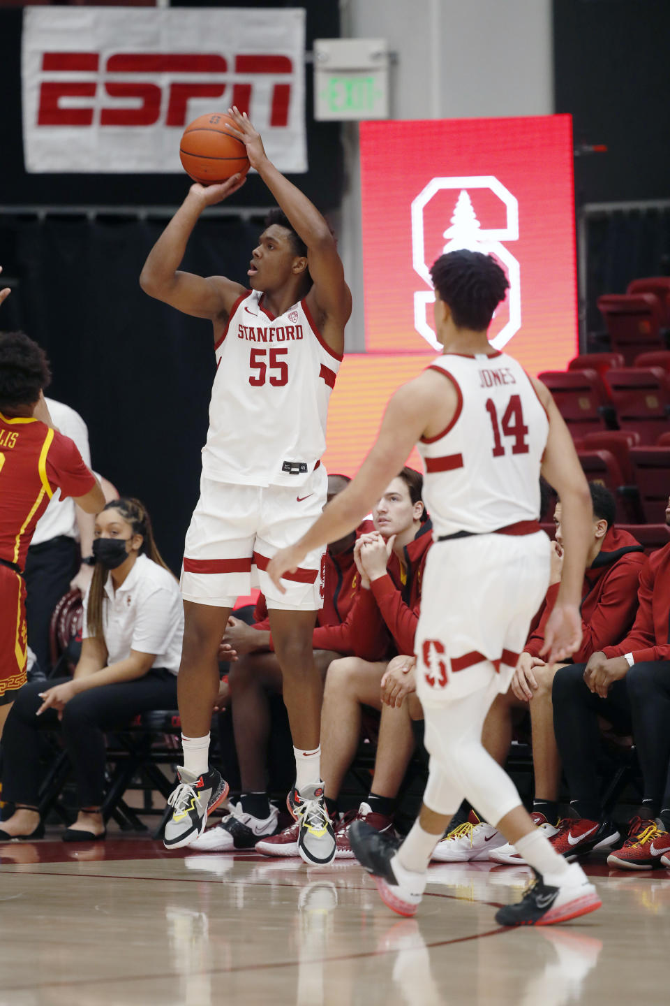 Stanford forward Harrison Ingram (55) makes a 3-point shot against Southern California during the first half of an NCAA college basketball game Tuesday, Jan. 11, 2022, in Stanford, Calif. (AP Photo/Josie Lepe)