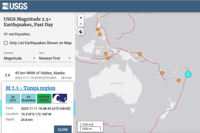 ▲美國地質調查所（USGS）表示，南太平洋島國東加王國（Tonga region）今（11）日下午台灣時間6點48分發生規模7.3強震。（圖／翻攝自美國地質調查所網站）