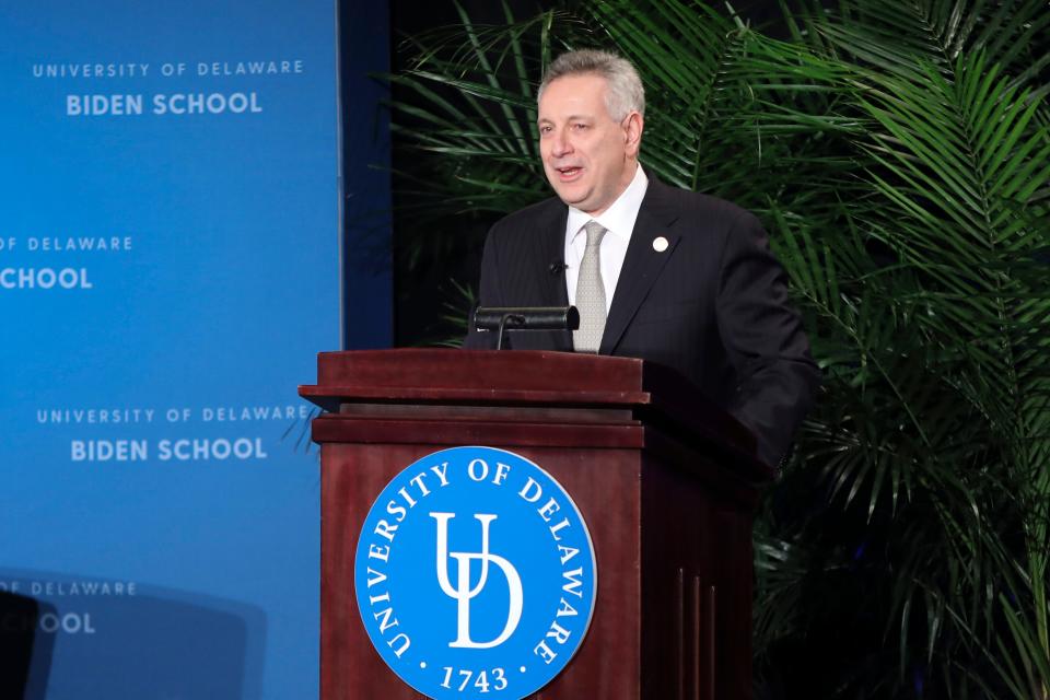 University of Delaware President Dennis Assanis speaks before introducing former Vice President Joe Biden in 2019.