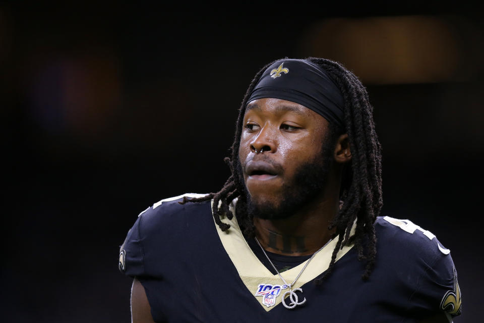 NEW ORLEANS, LOUISIANA - NOVEMBER 24: Alvin Kamara #41 of the New Orleans Saints reacts during a game against the Carolina Panthers at the Mercedes Benz Superdome on November 24, 2019 in New Orleans, Louisiana. (Photo by Jonathan Bachman/Getty Images)