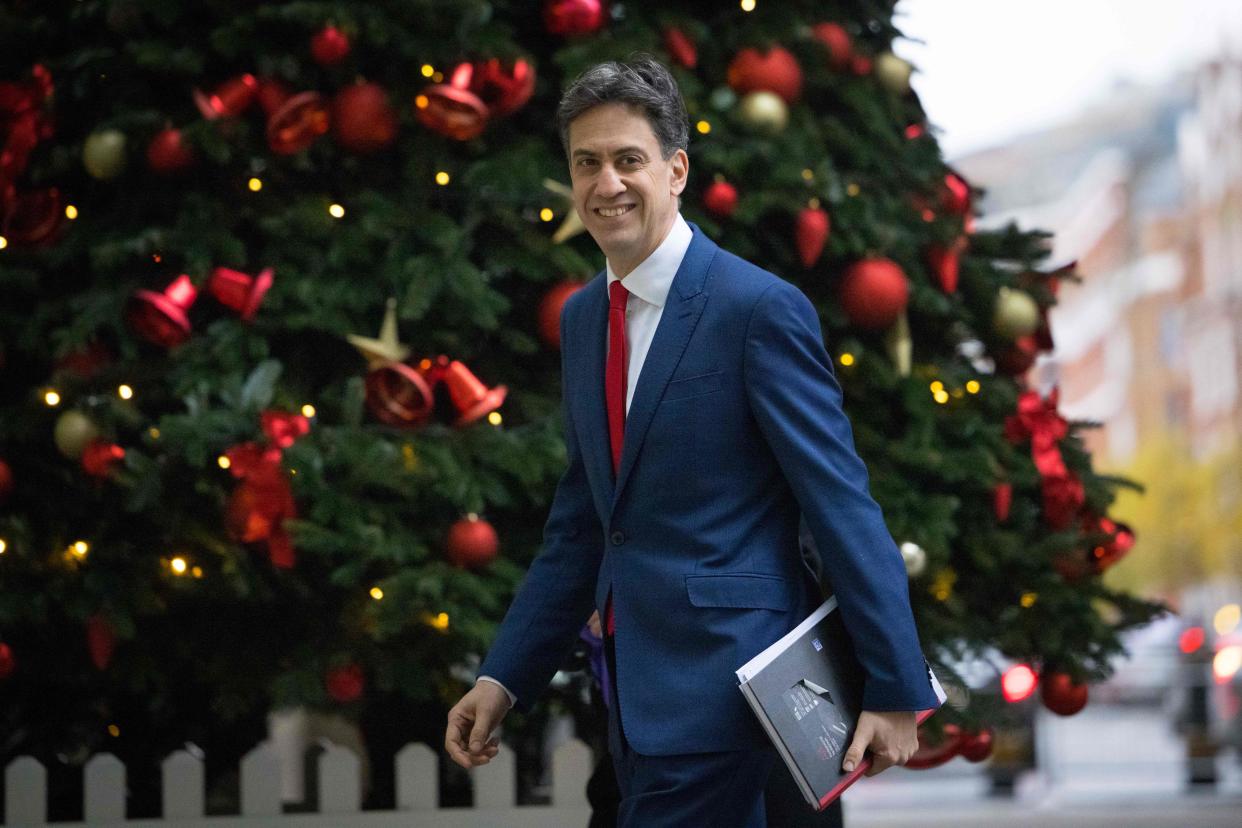 Former British opposition Labour Party leader Ed Miliband smiles as he arrives at the BBC in central London on December 13, 2020, to appear on the BBC political programme The Andrew Marr Show. - Sunday is just the latest in a string of supposedly hard deadlines for the negotiations but, with Britain due to leave the EU single market in 19 days, tensions are rising. (Photo by Tolga Akmen / AFP) (Photo by TOLGA AKMEN/AFP via Getty Images)