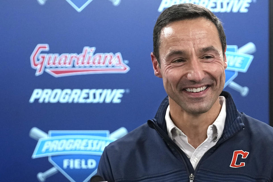 Chris Antonetti, president of the Cleveland Guardians, discusses manager Terry Francona's decision to step away from baseball during a news conference Tuesday, Oct. 3, 2023, in Cleveland. (AP Photo/Sue Ogrocki)