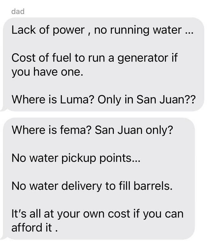 Texts from Savannah Gonzalez's dad saying there's no power or water and asking where FEMA is 