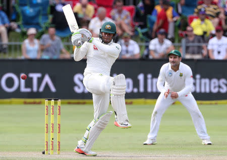 FILE PHOTO - Cricket - South Africa vs Australia - Second Test - St George's Park, Port Elizabeth, South Africa - March 11, 2018. Australia's Usman Khawaja plays a shot. REUTERS/Mike Hutchings