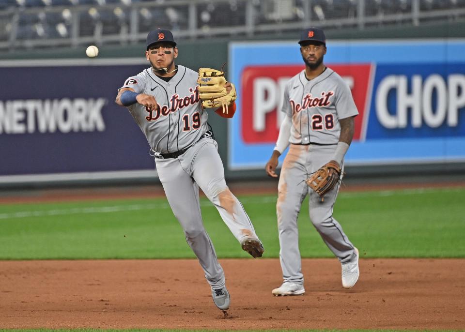 Tigers third basemen Isaac Paredes make a throw to first for an out during the fourth inning of the Tigers' 4-3 win in Kansas City, Missouri, on Saturday, Sept. 26, 2020.