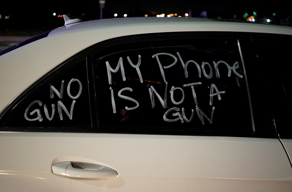 <p>A sign is seen painted on the window of a car during a protest over the police shooting of Stephon Clark, in Sacramento, Calif., March 23, 2018. (Photo: Bob Strong/Reuters) </p>