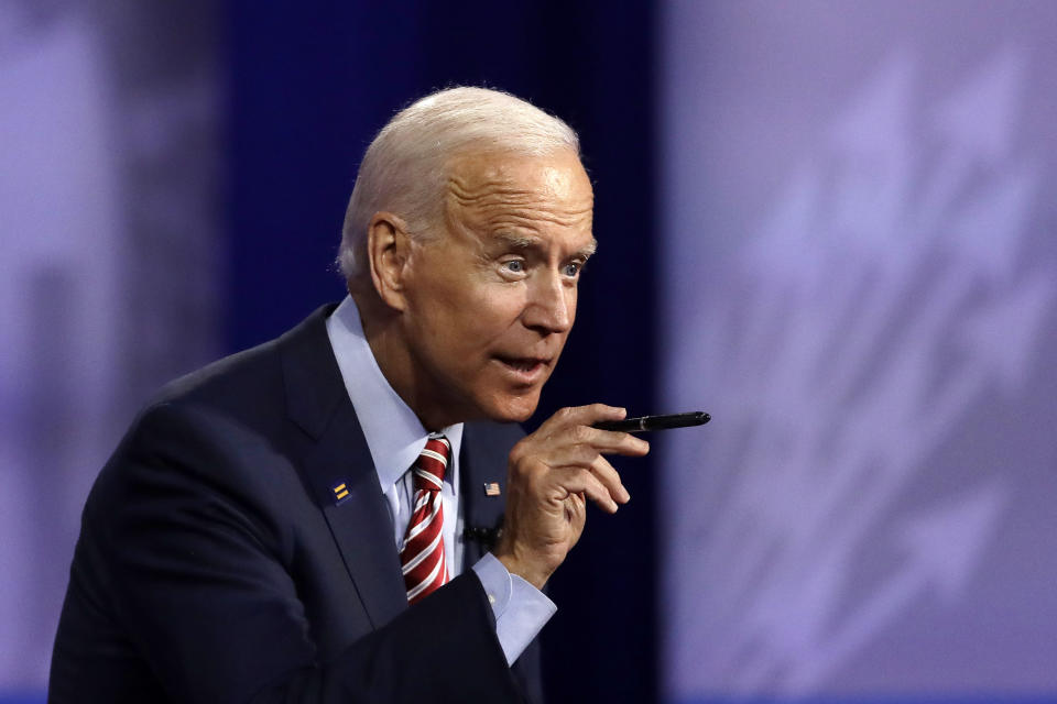 Democratic presidential candidate former Vice President Joe Biden speaks during the Power of our Pride Town Hall Thursday, Oct. 10, 2019, in Los Angeles. The LGBTQ-focused town hall featured nine 2020 Democratic presidential candidates. (AP Photo/Marcio Jose Sanchez)