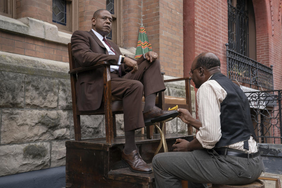 This image released by Epix shows Forest Whitaker as Bumpy Johnson, left, in a scene from "Godfather of Harlem," premiering Sept. 29. (David Lee/Epix via AP)