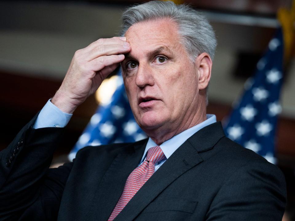 House Minority Leader Kevin McCarthy speaks at a press conference on Capitol Hill on January 20, 2022.