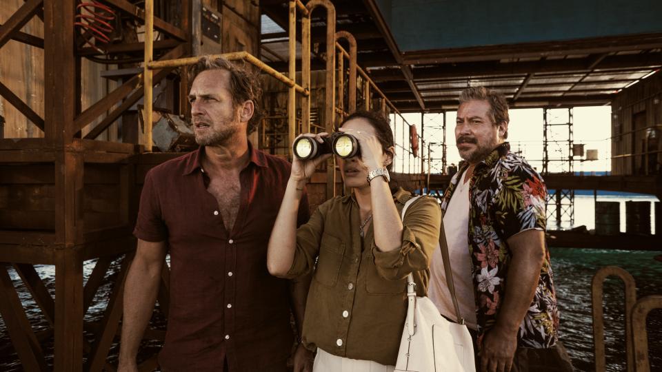 An oil executive (Josh Lucas, left), his wife (Fernanda Urrejola) and a rig worker (Julio Cesar Cedillo) try to figure out how to survive a ticked-off megaladon shark in the survival thriller "The Black Demon."