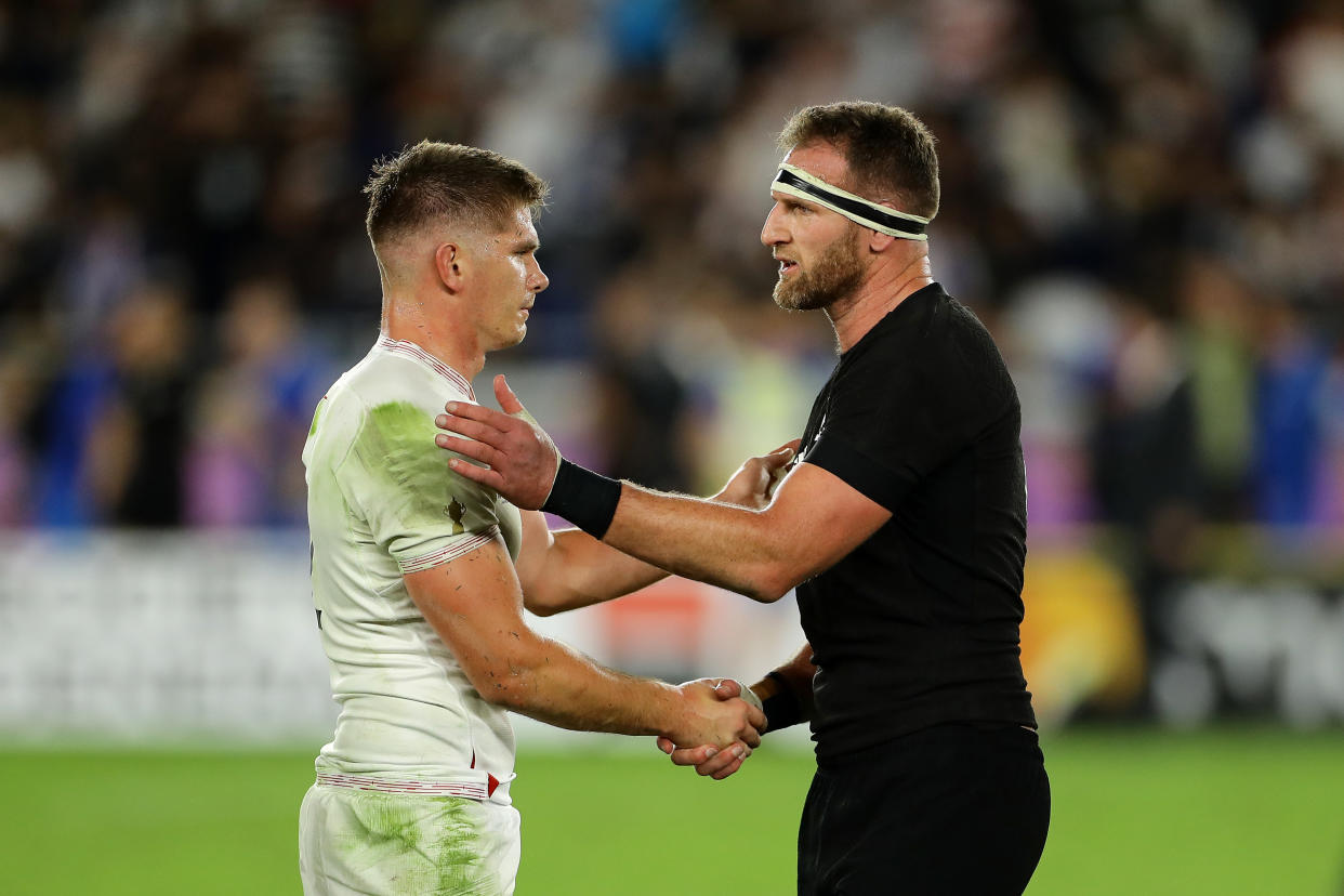 YOKOHAMA, JAPAN - OCTOBER 26: Captain's Owen Farrell of England and Kieran Read of New Zealand shake hands after the final whistle during the Rugby World Cup 2019 Semi-Final match between England and New Zealand at International Stadium Yokohama on October 26, 2019 in Yokohama, Kanagawa, Japan. (Photo by Richard Heathcote - World Rugby/World Rugby via Getty Images)