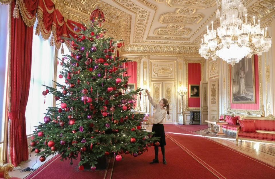 The Crimson Drawing Room at Windsor Castle decorated for Christmas in 2021.