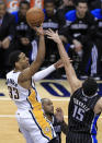 Indiana Pacers' Danny Granger is fouled by Orlando Magic's Hedo Turkoglu as he goes up for a shot during the second half of the second game of an NBA first-round playoff basketball series, Monday, April 30, 2012, in Indianapolis. (AP Photo/Darron Cummings)