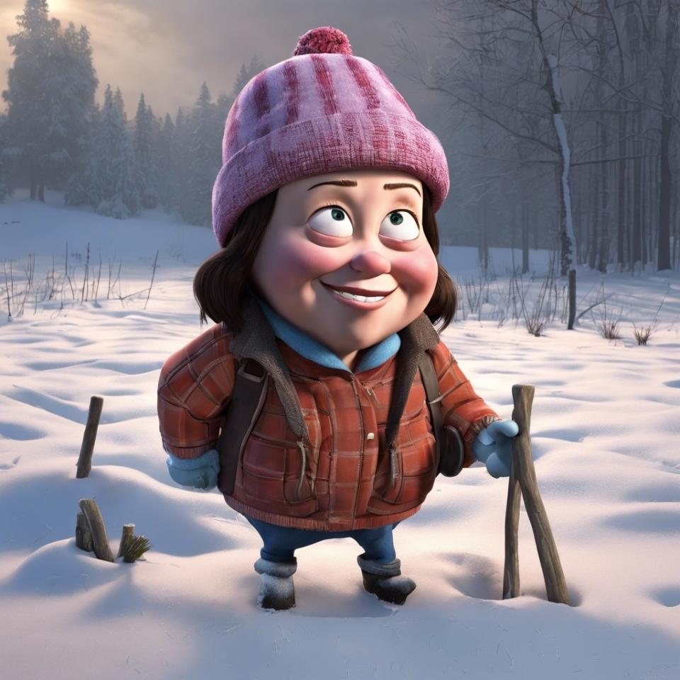 Annie from Misery standing in a snowy scene wearing winter clothing