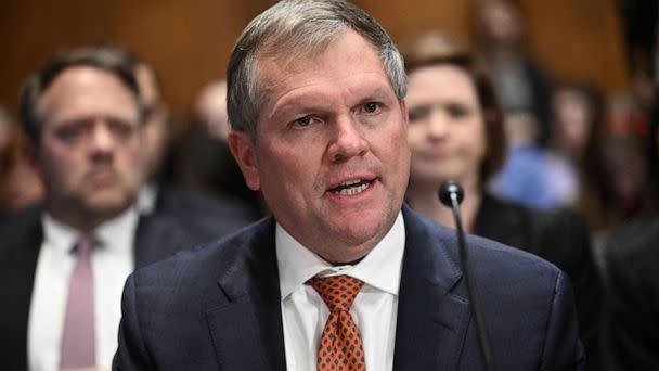 PHOTO: Norfolk Southern Corporation President and CEO, Alan Shaw, testifies before a Senate Committee on Environment and Public Works hearing on Norfolk Southern Feb. 3 train derailment, on March 9, 2023, in Washington, DC. (Brendan Smialowski/AFP via Getty Images)