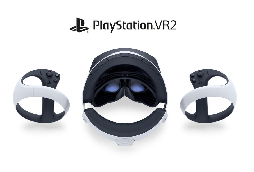 The Sony PlayStation VR2 virtual reality headset and controllers.
