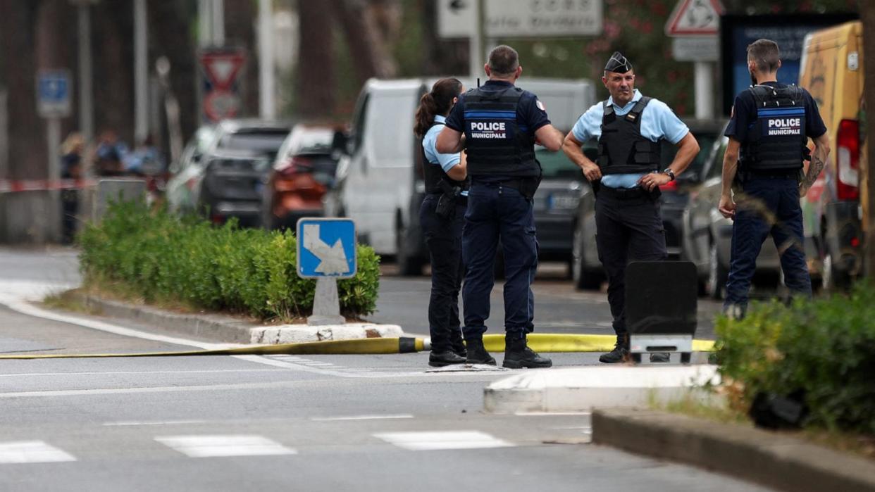 PHOTO: French police stand guard after cars were set on fire in front of the city's synagogue, in La Grande-Motte, France, Aug. 24, 2024.  (Manon Cruz/Reuters)