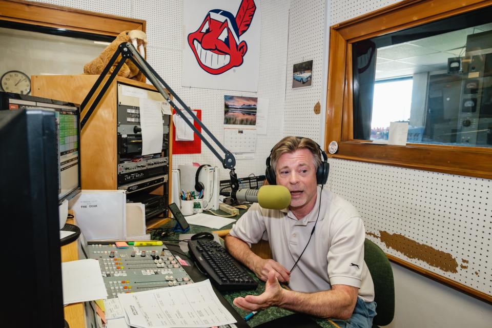 Brad Shupe, a morning disc jockey, talks Thursday at the WBTC radio studio in Uhrichsville.