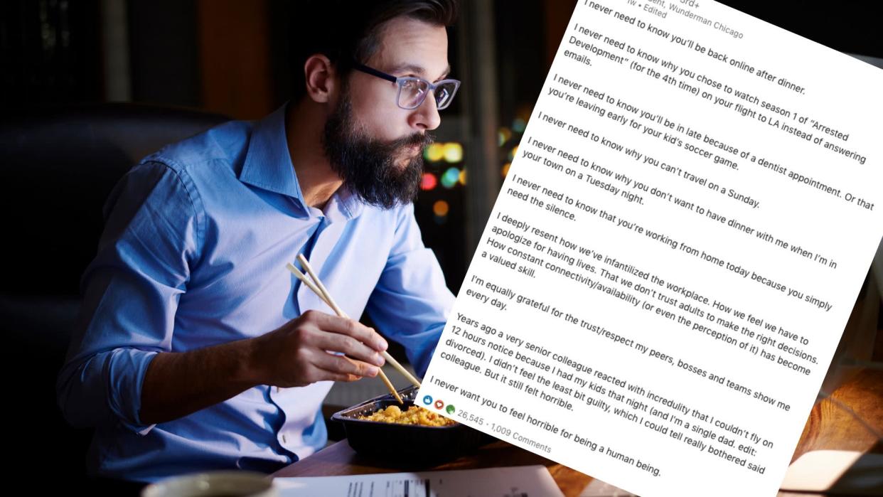 A businessman wearing glasses sits at his laptop late at night eating a meal while working, and a portion of text posted on LinkedIn is layered on top. Images: Getty, LinkedIn (Ian Sohn).