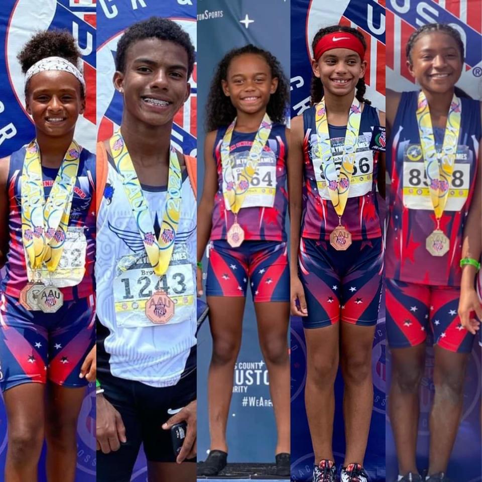 From left to right: Team United Stars athletes Camryn Brown, Chris Brown, Anesiuila Gardiner, Tanesia Johnson and Alana Mitchell all earned medals at the 2021 Junior Olympics.