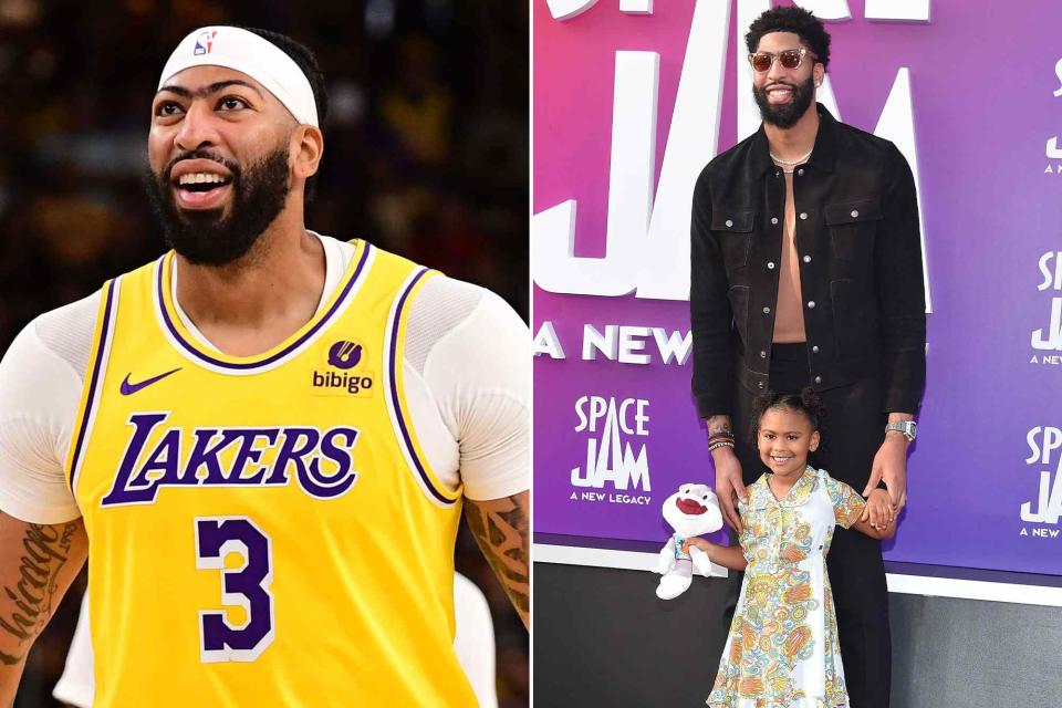 <p>Adam Pantozzi/NBAE/Getty ; AFF / Alamy</p> Anthony Davis during the game against the Phoenix Suns on October 19, 2023. ; Anthony Davis and his daughter Nala Davis at the world premiere of 