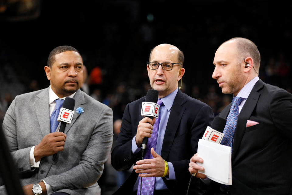 Mar 18, 2019; San Antonio, ESPN announcers Dave Pasch, Jeff Van Gundy, and Mark Jackson prior to the game between the San Antonio Spurs and the Golden State Warriors at AT&T Center. (Soobum Im-USA TODAY Sports)