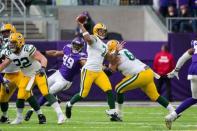 Oct 15, 2017; Minneapolis, MN, USA; Green Bay Packers quarterback Brett Hundley (7) passes the ball in the fourth quarter against the Minnesota Vikings at U.S. Bank Stadium. Mandatory Credit: Brad Rempel-USA TODAY Sports