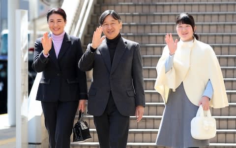 Crown Prince Naruhito, Crown Princess Masako and Princess Aiko are seen on arrival at Nagano Station on March 25, 2019 - Credit: &nbsp;The Asahi Shimbun