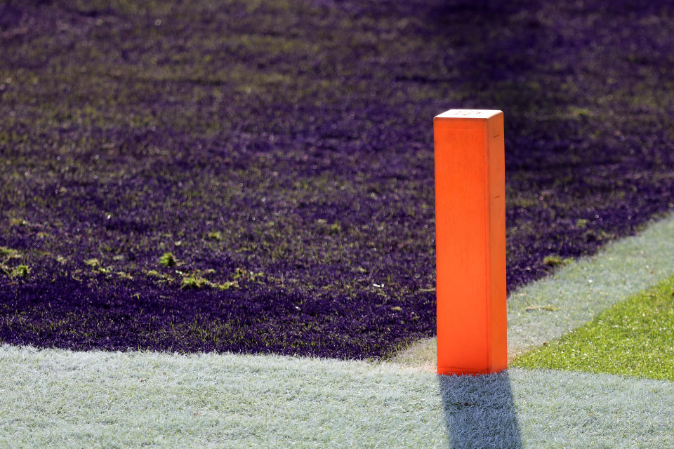 The end zone pylon at the Baltimore Ravens and New York Giants game at M&T Bank Stadium