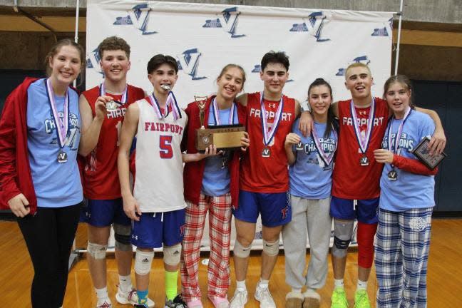 Fairport's girls and boys volleyball teams have four sets of siblings between them. From left to right: Delaney Yusko, Liam Yusko, Adam Cornman, Kiera Cornman, Jack Bones, Mila Bones, Andrew Howe and Avery Howe.