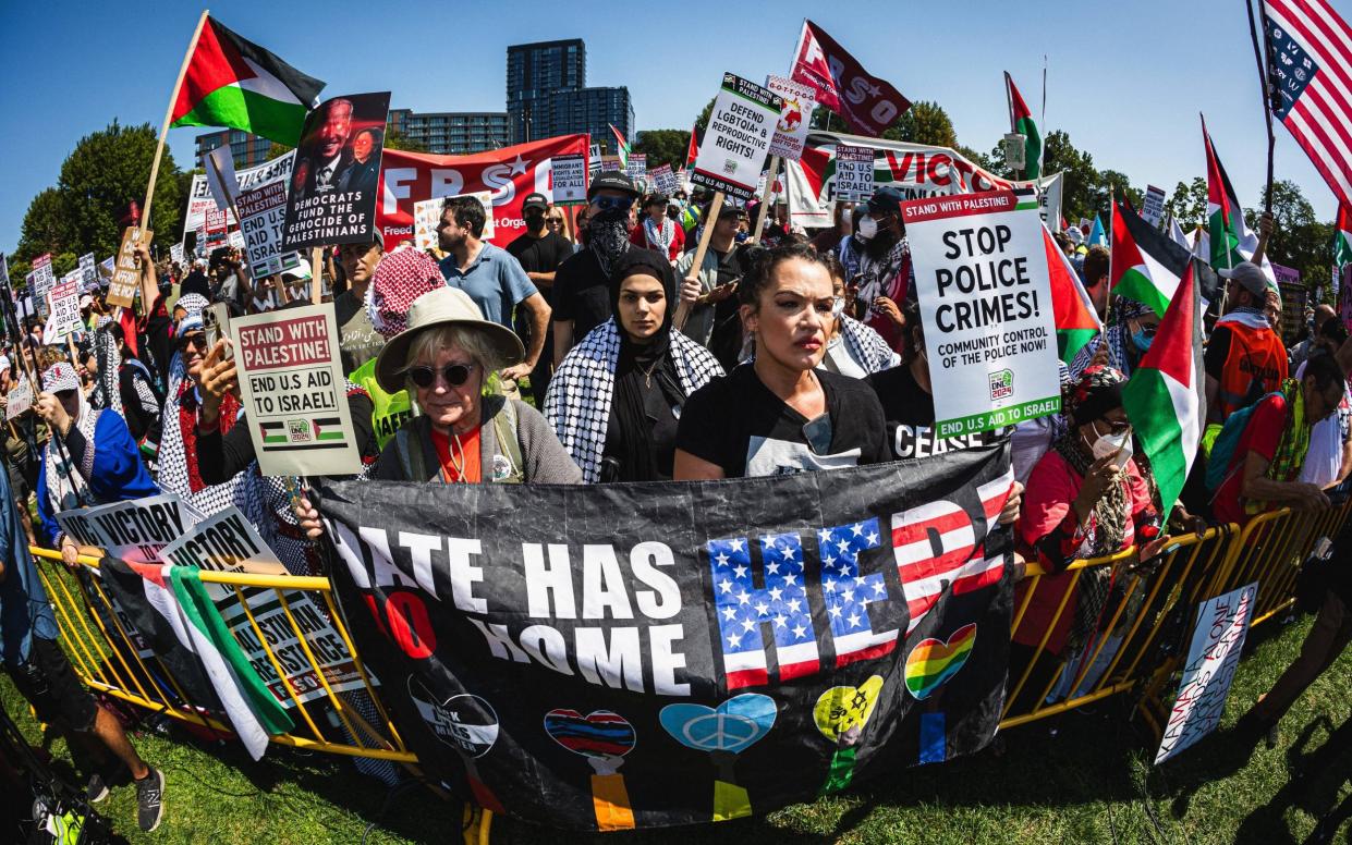 The March on the DNC protest group rallies in downtown Chicago ahead of a march on the United Centre