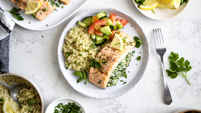 stuffed salmon fillet with sides