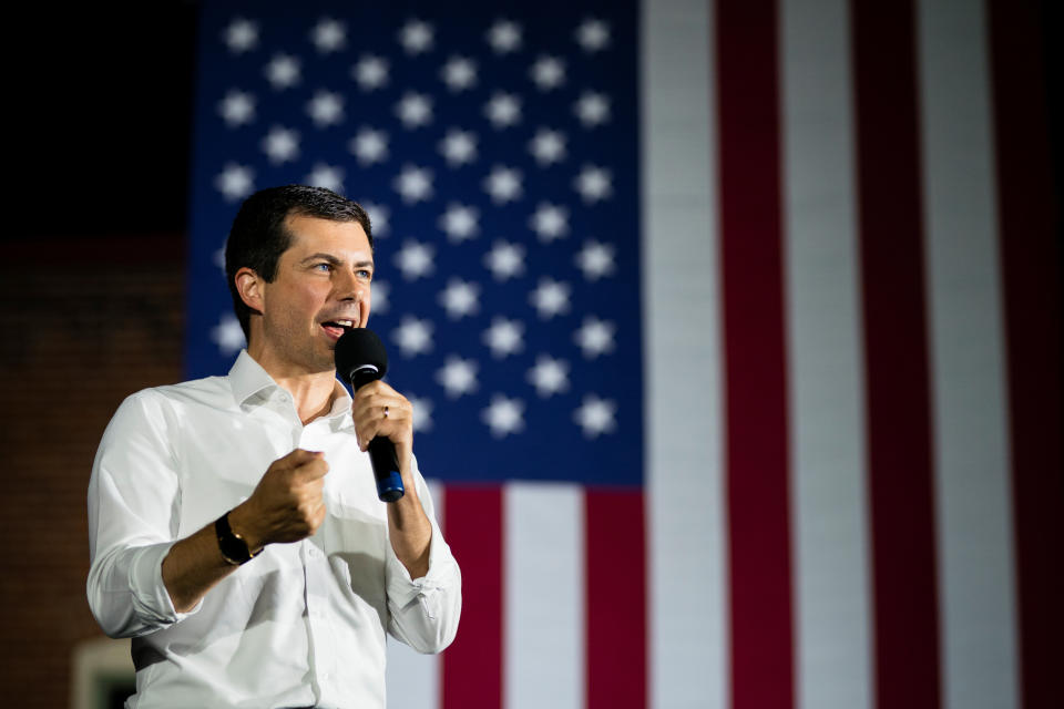 Pete Buttigieg, South Bend Mayor and Democratic presidential hopeful, speaks at a campaign event in Dubuque, Iowa, U.S. September 23, 2019.   REUTERS/Elijah Nouvelage