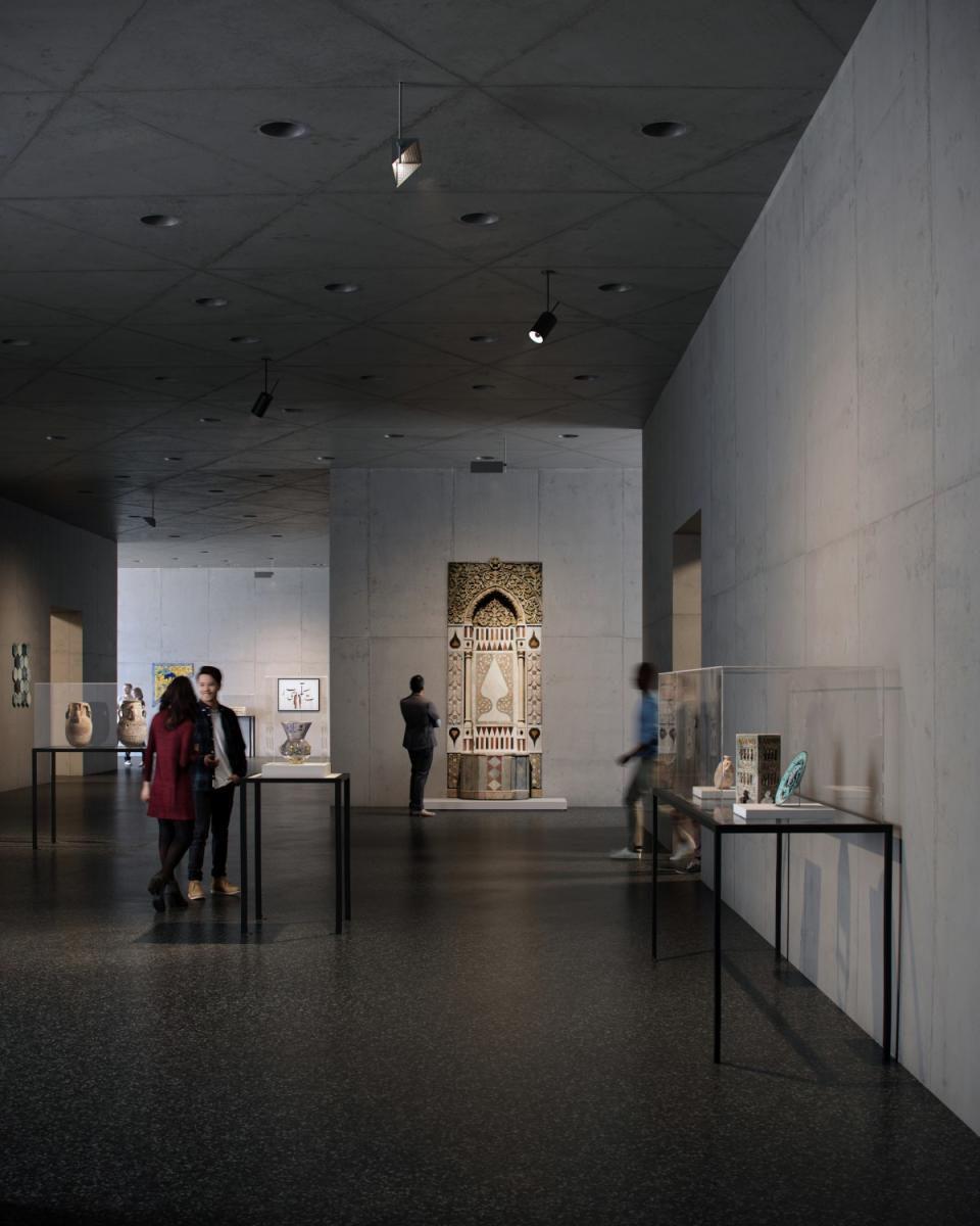 A rendering of a courtyard area features ceramics, porcelain and an architectural detail from a Syrian house