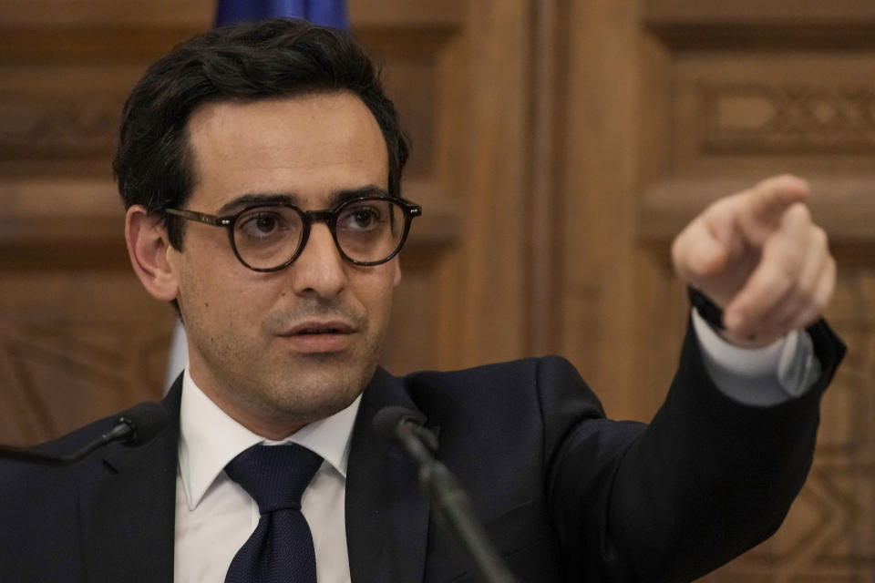 French Foreign Minister Stephane Sejourne gestures as he speaks during a press conference at the Pine Palace, which is the residence of the French ambassador, in Beirut, Lebanon, Sunday, April 28, 2024. (AP Photo/Hassan Ammar)