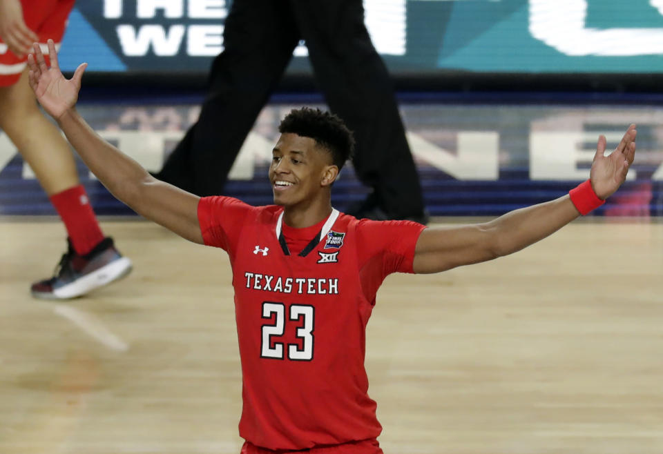 Texas Tech's Jarrett Culver (23) celebrates after defeating Michigan State 61-51 in the second half in the semifinals of the Final Four NCAA college basketball tournament, Saturday, April 6, 2019, in Minneapolis. (AP Photo/Matt York)