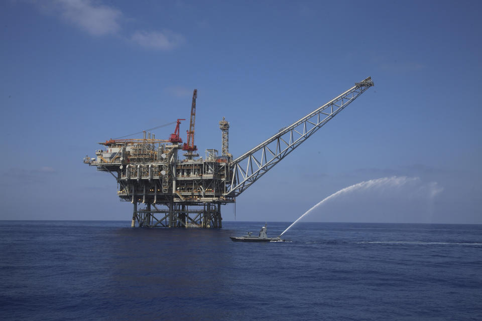 In this Sept. 2, 2015 photo, a rig is seen in the Tamar natural gas field in the Mediterranean Sea, off the coast of Israel. The discovery of natural gas fields off its Mediterranean coast has provided Israel a geopolitical boost with its neighbors. It’s tightened relations with Arab allies and built new bridges in a historically hostile region -- even without significant progress being made toward peace with the Palestinians. (AP Photo/Marc Israel Sellem)