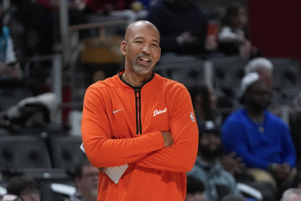 Detroit Pistons head coach Monty Williams watches against the Washington Wizards in the first half of an NBA basketball game in Detroit, Saturday, Jan. 27, 2024. (AP Photo/Paul Sancya)
