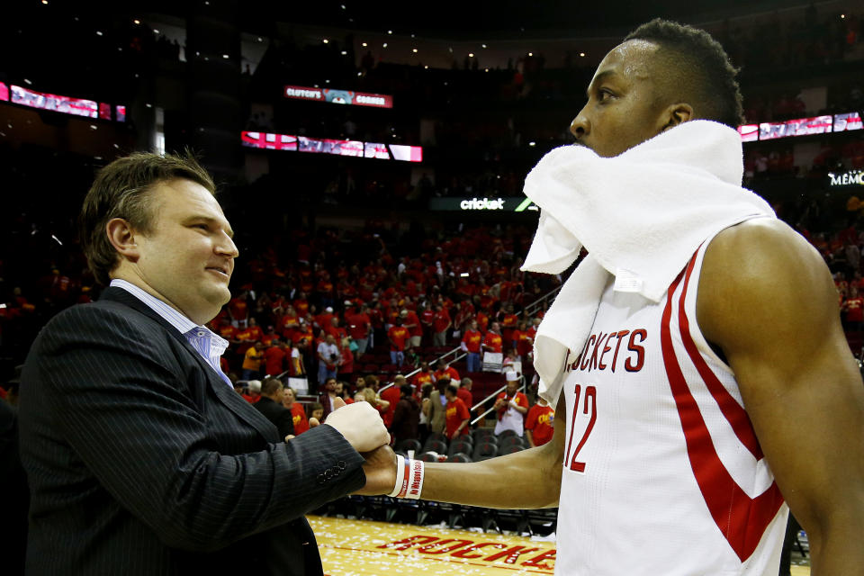 HOUSTON, TX - MAY 17:  Dwight Howard #12 of the Houston Rockets celebrates with General Manager Daryl Morey after they defeated the Los Angeles Clippers 113 to 100 during Game Seven of the Western Conference Semifinals at the Toyota Center for the 2015 NBA Playoffs on May 17, 2015 in Houston, Texas. NOTE TO USER: User expressly acknowledges and agrees that, by downloading and/or using this photograph, user is consenting to the terms and conditions of the Getty Images License Agreement.  (Photo by Scott Halleran/Getty Images)