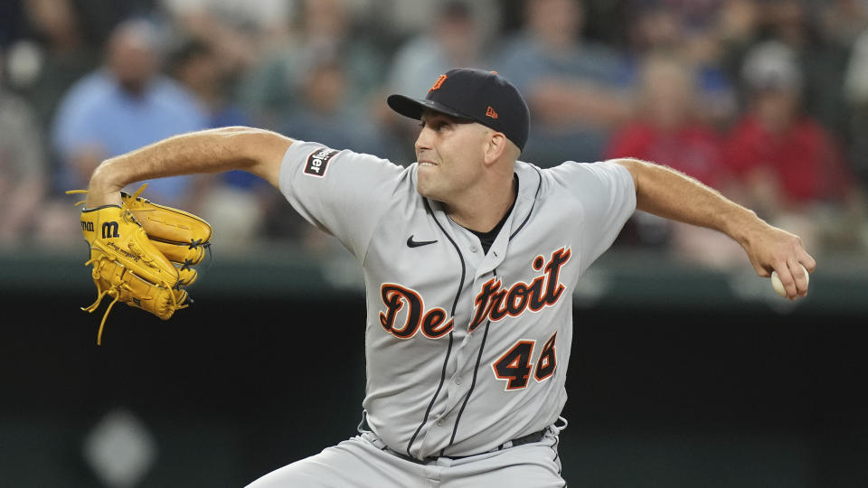 Detroit Tigers starting pitcher Matthew Boyd throws during the first inning of a baseball game against the Texas Rangers in Arlington, Texas, Monday, June 26, 2023. (AP Photo/LM Otero)