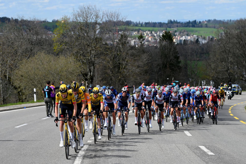 LA CHAUXDEFONDS SWITZERLAND  APRIL 27 A general view of the peloton competing during the 76th Tour De Romandie 2023 Stage 2 a 1627km stage from Morteau to La ChauxdeFonds  UCIWT  on April 27 2023 in La ChauxdeFonds Switzerland Photo by Dario BelingheriGetty Images